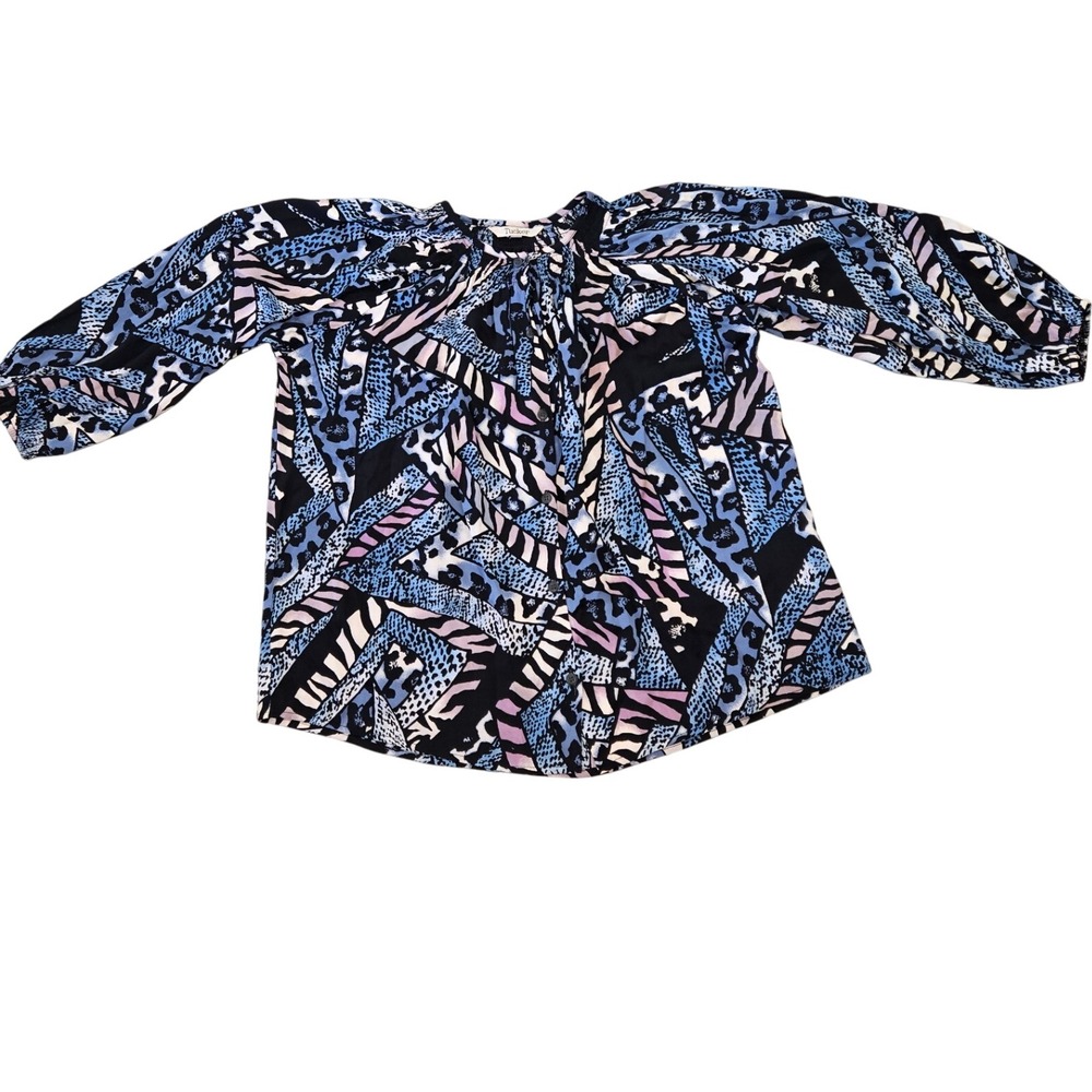 Tucker Silk Blend Blouse Top Abstract Animal Print Blue Purple Black